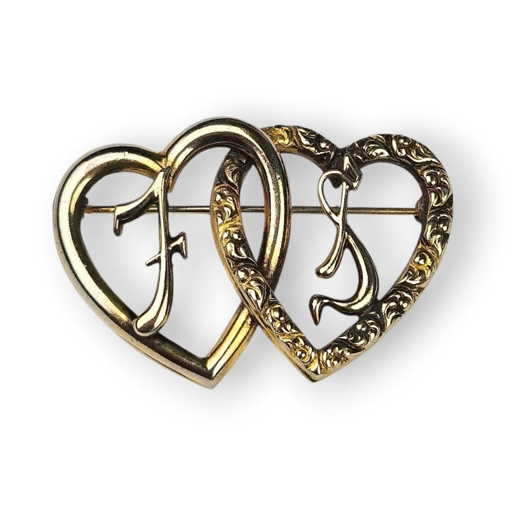 Vintage Sweetheart Brooch F S Initial Entwined Hearts Gold Plated 1940s 1.5"